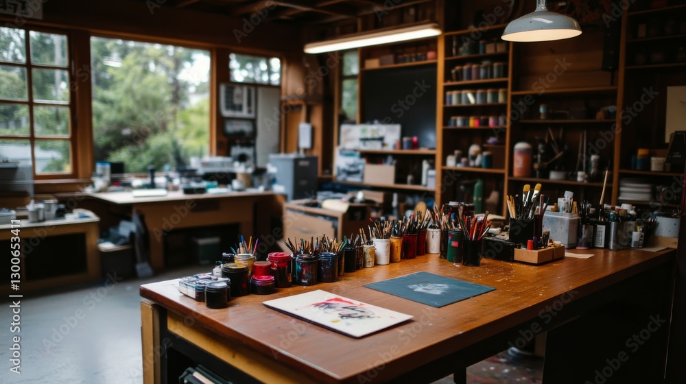 Aufkleber a colorful artist's table stands in a rustic workshop, showcasing an array of paints, brushes, and a