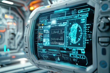 Futuristic control panel with digital interface displaying advanced technology data in a sci fi environment, ideal for tech and innovation themes