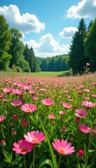 Fototapeta premium A field of pink wildflowers stretches towards the sky amidst a lush green meadow and towering trees, green, blossoms