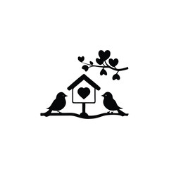 two birds on a branch with love icon.Valentines Day icon set vector illustration.