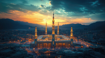 Stunning Twilight Panoramic View of Al Masjid Al Nabawi in Al Madinah Al Munawwarah, Saudi Arabia, with the Prophet’s Mosque Glowing in Spiritual Serenity