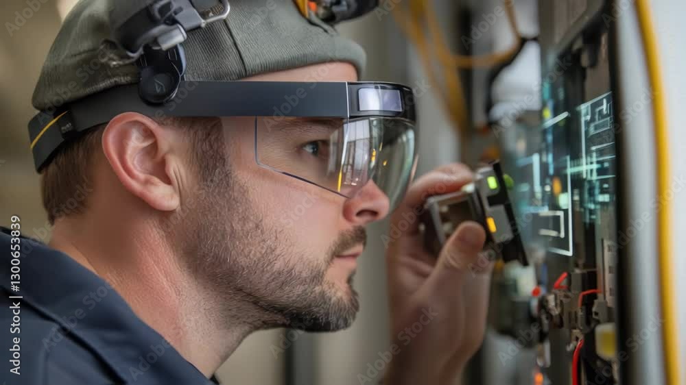 Poster engineer wearing augmented reality glasses interacts with a control panel, manipulating a small devi