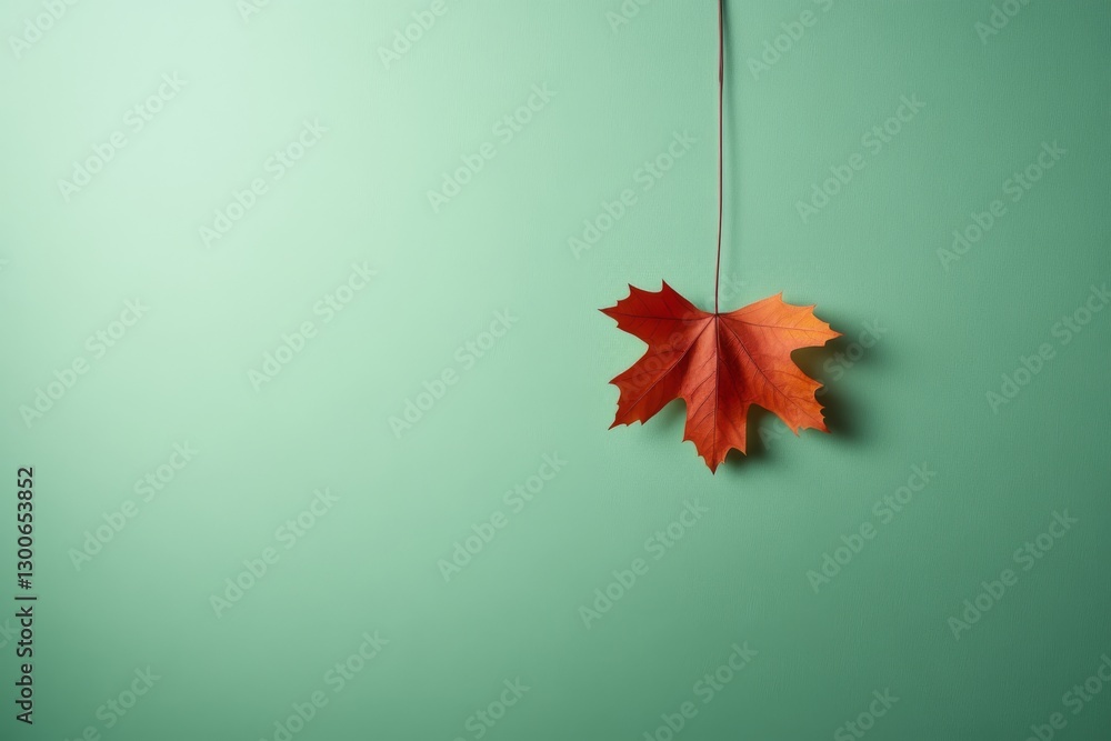 Poster single maple leaf with vibrant autumn colors is placed on soft green background, creating a pleasing