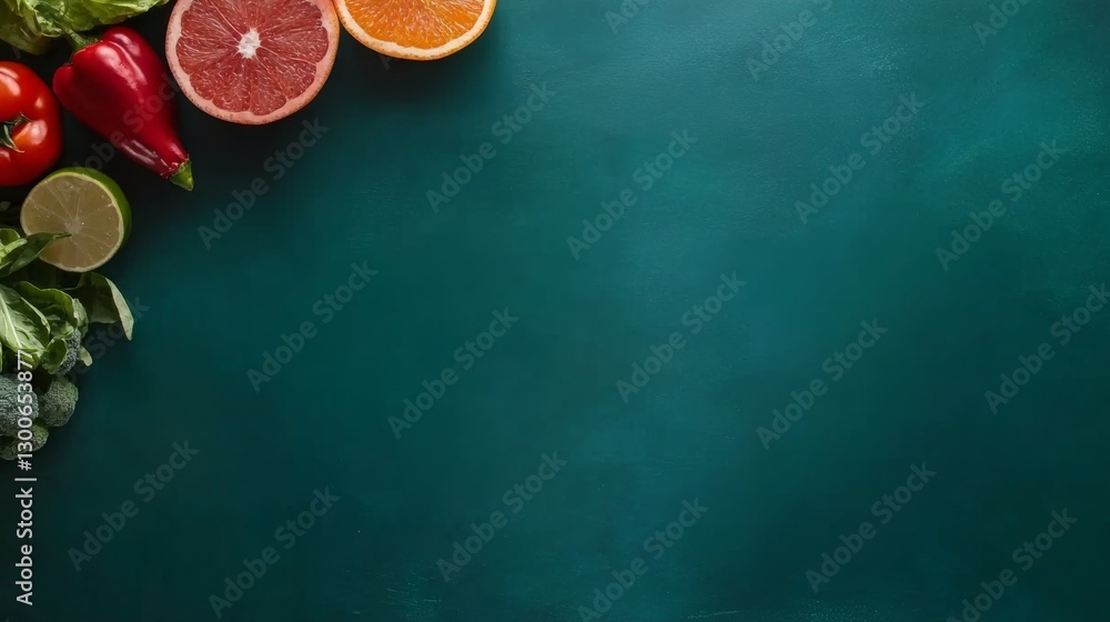 Poster Fresh fruits and vegetables are artfully arranged on a textured teal surface, creating a colorful display with ample space for text or design elements
