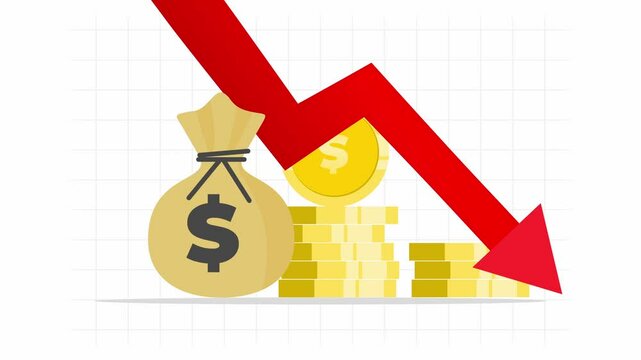 Negative chart graph animation, red arrow is making a downfall on a grid background, dollar coin, bag