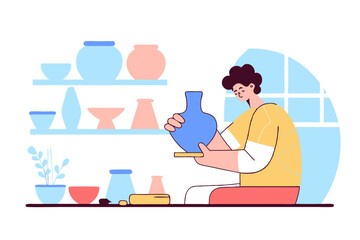 Person Crafting Pottery Vase in Studio with Shelves of Ceramic Art and Tools