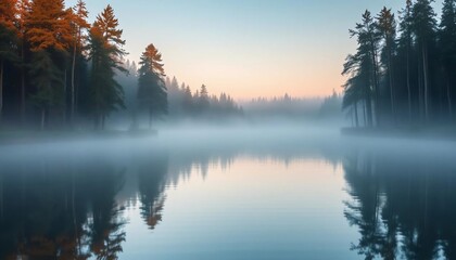 Fototapeta premium Misty Morning Lake Serenity: A Peaceful Dawn on a Forest Lake