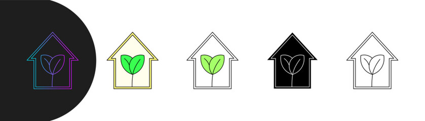 eco friendly home icon set with minimalist line design and in different styles, featuring plants inside to symbolize sustainability and green lifestyle. editable strokes