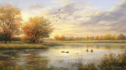 Fototapeta premium Serene Dusk at the Lakeside with Calm Waters