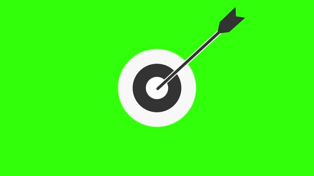 An arrow strikes the center of the target, the precision and focus required to hit the bull's eye, accuracy, strategy, bullseye, and goal-oriented performance. The dartboard on a green screen