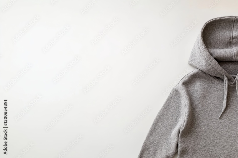 Poster gray hoodie is neatly arranged on a white surface, showcasing its design with a focus on symmetry an