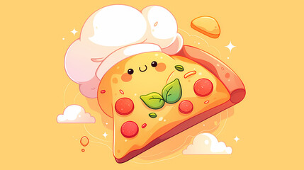 Cute cartoon pizza character wearing a chef's hat with a playful expression against a bright yellow background