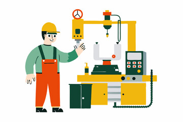 Fototapeta premium Illustrated Factory Worker Operating CNC Machine for Industrial Process Vector Concept
