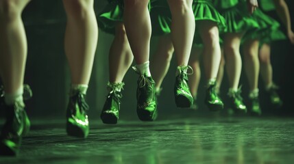Dancing legs in green outfits performing traditional dance moves.