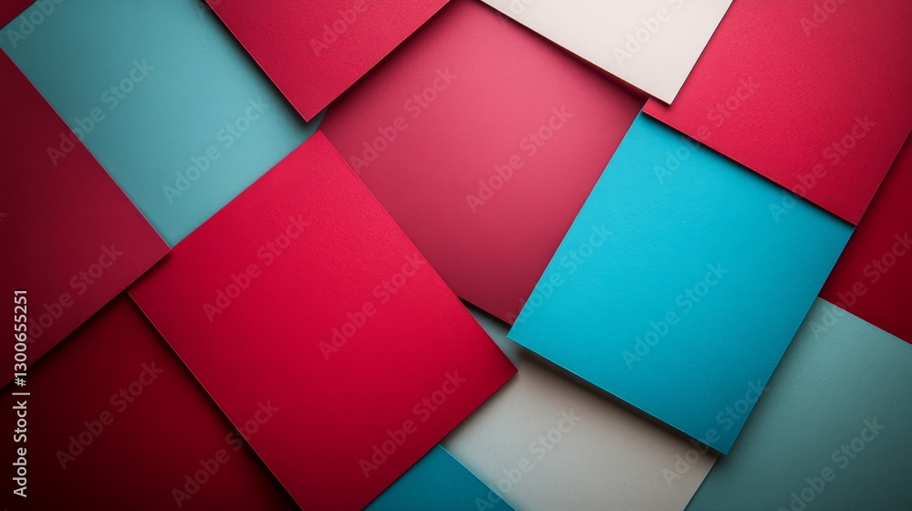 Aufkleber Colorful sheets of red, blue, and white paper are arranged in a geometric pattern with subtle shadows, offering a bright, modern visual impact and open space
