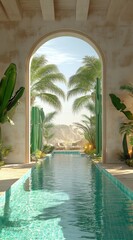 Serene Oasis Pool Tropical Palm Trees Desert View Luxury Resort Relaxation sun zen blue arch calm   