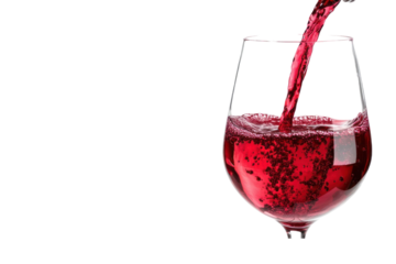 Red liquid pouring into a glass with a transparent background. The liquid fills the glass, creating bubbles and movement against the dark backdrop. The image emphasizes the vibrant color