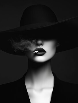 Mysterious femme fatale with wide-brimmed hat and cigarette in dramatic black and white noir-inspired fashion portrait