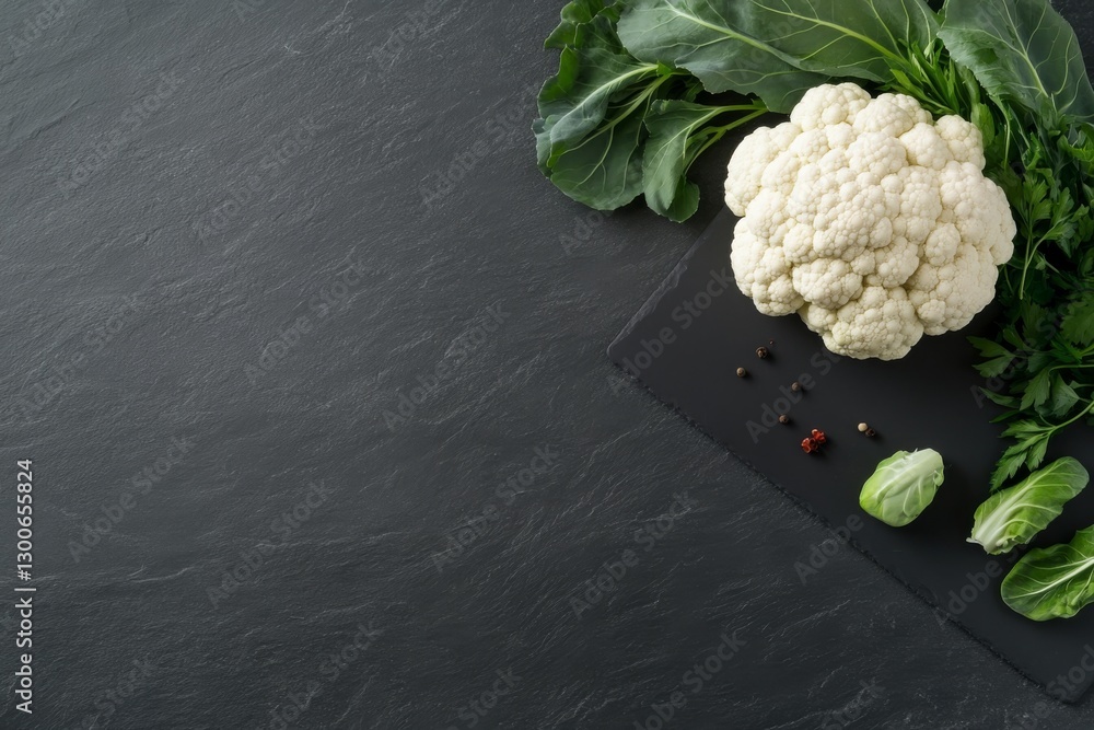 Poster A vibrant head of cauliflower rests on a slate surface, enhanced by herbs and spices, creating an appealing flat-lay arrangement with ample copy space