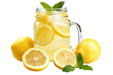 Refreshing lemonade in a mason jar with lemons and mint on a transparent background. Yellow citrus slices create a vibrant summer drink