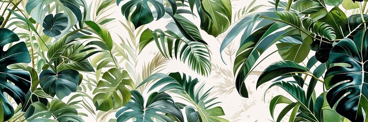 This seamless pattern showcases an array of lush tropical leaves in varying shades of green set against a subtle cream background, perfect for nature-inspired designs