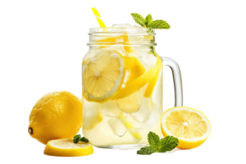 Refreshing lemonade in a mason jar with lemons ice and mint leaves on transparent background. Vibrant colors and a cool drink