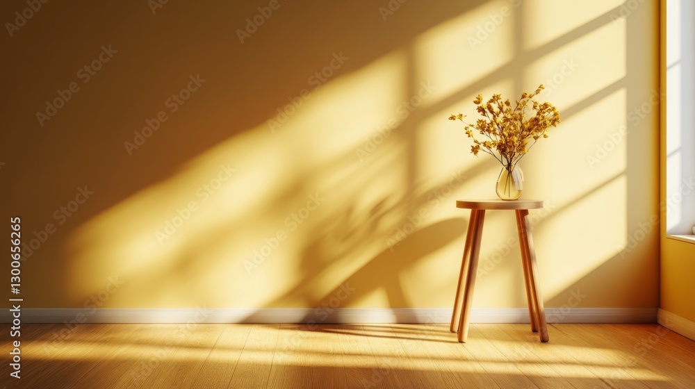 Leinwandbilder a clean mustard yellow wall serves as a backdrop for a single wooden stool, creating an ideal space 