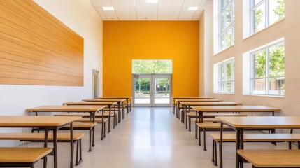 Modern School Cafeteria Design Concept, Bright and Open School Cafeteria with Modular Seating and Natural Light Inviting Students to Gather