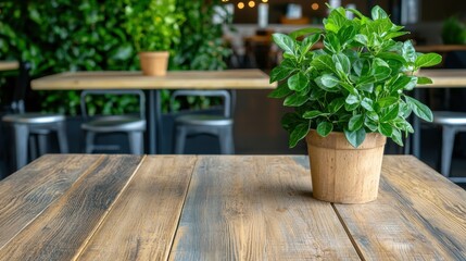 Fototapeta premium Modern School Cafeteria Design Concept, Eco-Friendly Cafeteria Design Featuring Reclaimed Wood and Indoor Plants for Sustainable Dining Experience