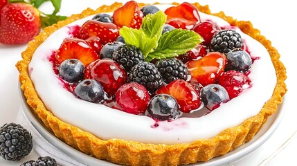 A delicious fruit tart topped with mixed berries and mint, resting on a light crust, perfect for dessert lovers.