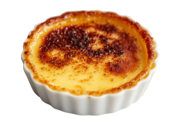Single baked dessert in a ramekin with a transparent background. Features a caramelized sugar crust and a creamy custard filling. The image is a studio shot highlighting the food item