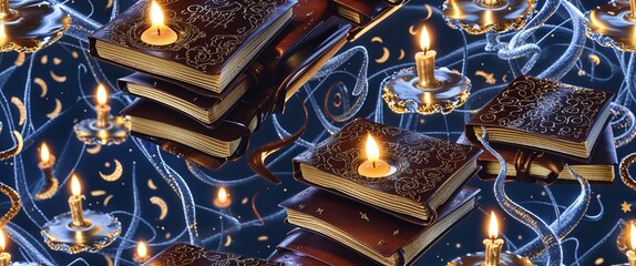 A seamless pattern showcases stacked journals surrounded by glowing candles, creating a warm and enchanting atmosphere