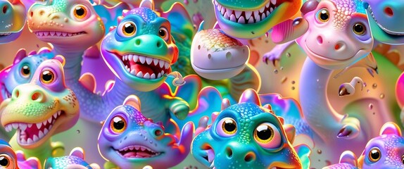 A lively seamless pattern features vibrant, playful dinosaurs in various colors and expressions, creating a fun and lively ambiance perfect for backgrounds and designs