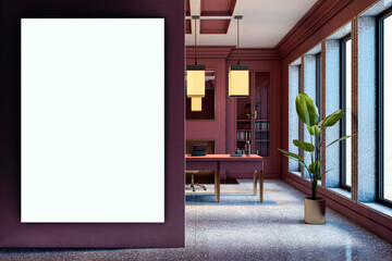 Modern executive office interior with blank vertical poster on dark wall. 3D Rendering