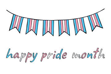 Obraz premium Colorful garland Transgender pride flag Happy pride day LGBTQIA community Pride Month Vector hand drawn doodle for posters, stickers, logo, cards