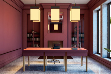 Luxurious executive office with elegant wooden furniture and modern lighting. 3D Rendering