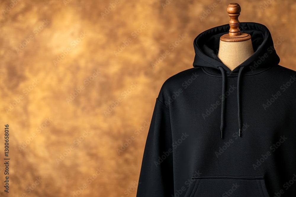 Aufkleber close-up shot highlights a black pullover hoodie on a mannequin, zip partially open to display the i