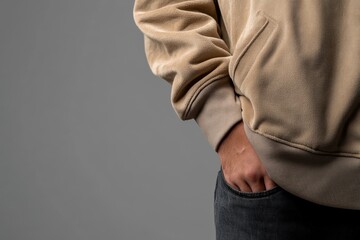 Beige faux suede jacket hangs on a wooden hanger against a neutral gray backdrop, showcasing minimalist design with ample copy space for sustainable fashion branding