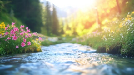 Fototapeta premium Serene River Flowing Through Valley of Wildflowers