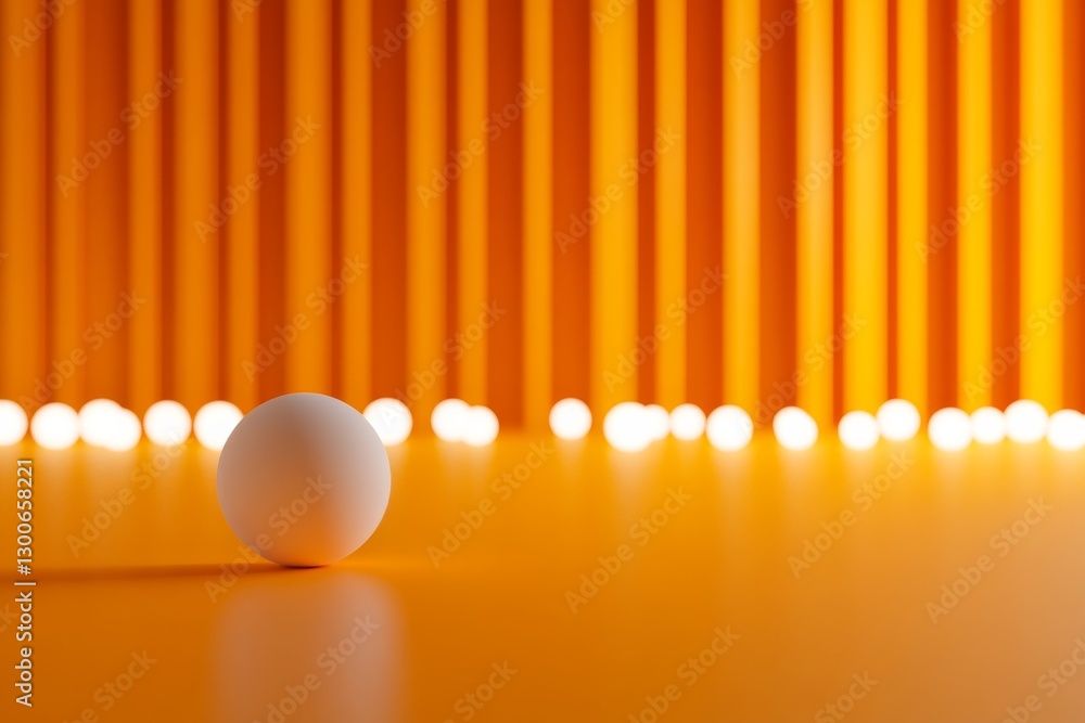 Fototapete A solitary 3D sphere radiates light while surrounded by faintly glowing data nodes against a seamless orange background featuring ample copy space
