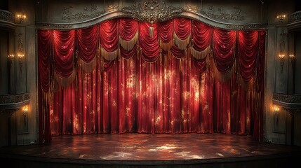 Ornate theater stage with crimson curtains