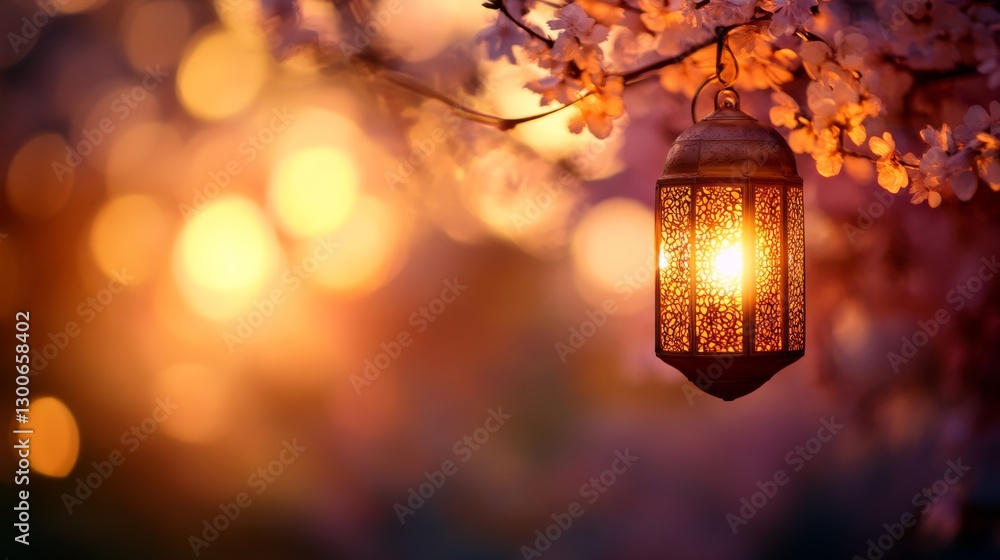 Poster a glowing lantern dangles from a crescent moon, surrounded by delicate blossoms and gold designs, cr