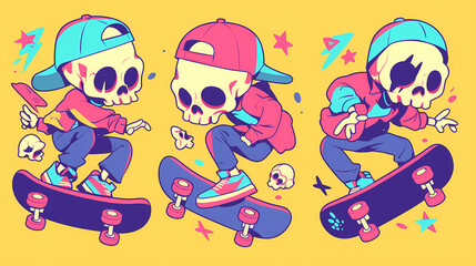 Colorful illustration of a skeleton skateboarding in dynamic poses against a vibrant background