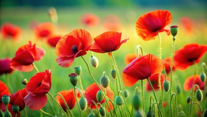 Dense cluster of bright red poppies swaying in the breeze against a vibrant green grassy field , poppies, wildflowers