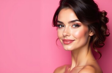 Naklejka premium Close-up portrait of young woman in beauty style. Beautiful brunette with tied up hair and bright make-up posing in studio on pink background. Studio shot. Space for text