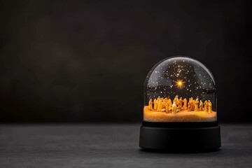 Front-facing shot showcases a classic glass snow globe with a nativity scene illuminated by a glowing star, set on a sleek black surface with swirling snowflakes