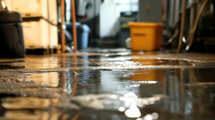 Flooded industrial floor with reflections and blurry background elements.