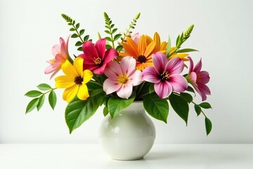 A colorful mix of exotic flowers and leaves in a vase on a plain white background, flora, garden elements, greenery