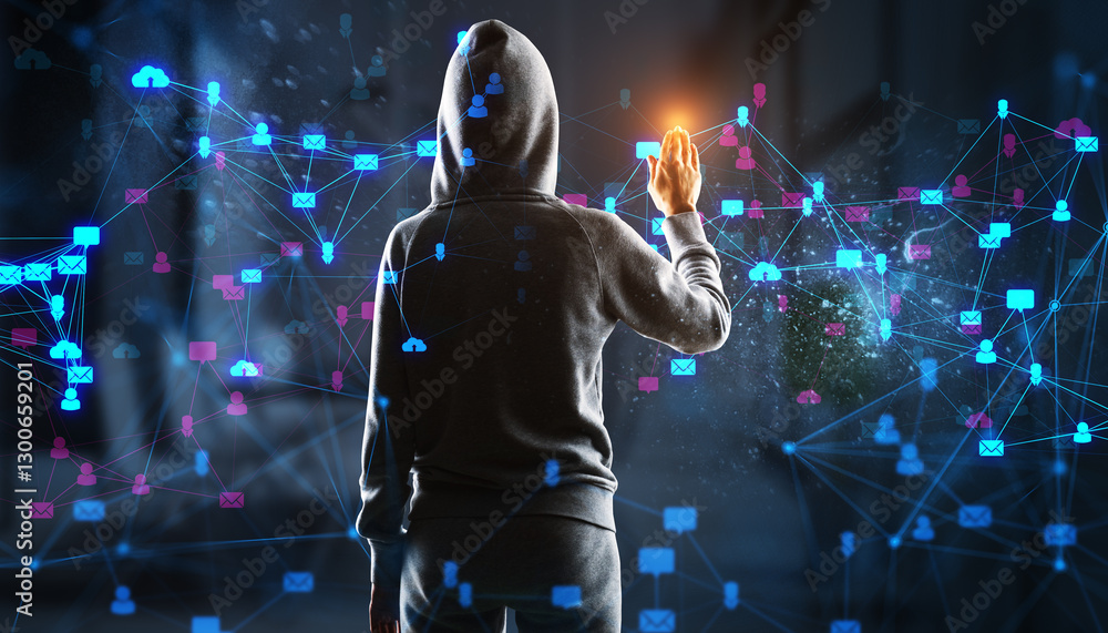 Poster Cybersecurity hacker accessing digital social network with icons and connections.