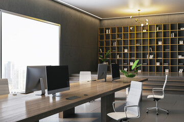 Modern office interior with bookshelves and city view. 3D Rendering © Who is Danny
